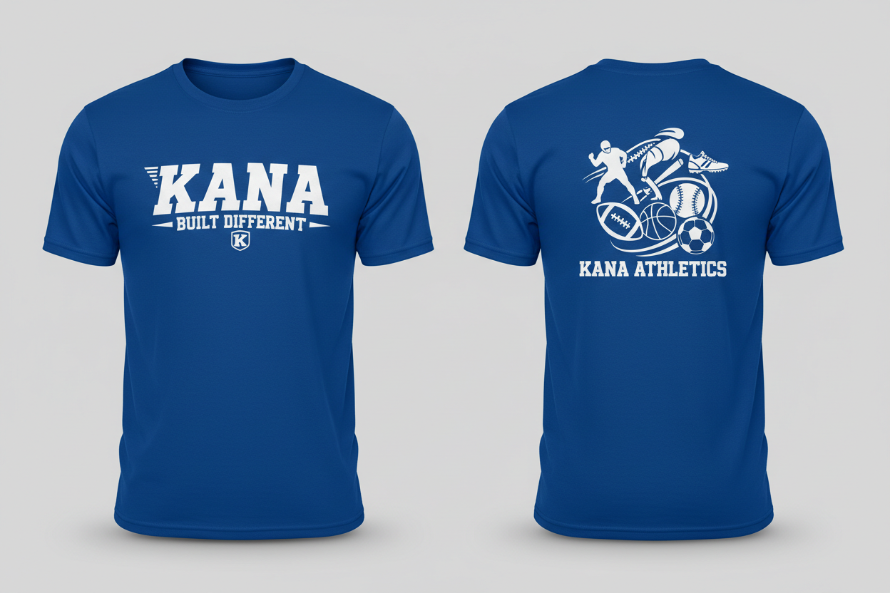 KANA Built Different T-Shirt - Blue and White Front and Back